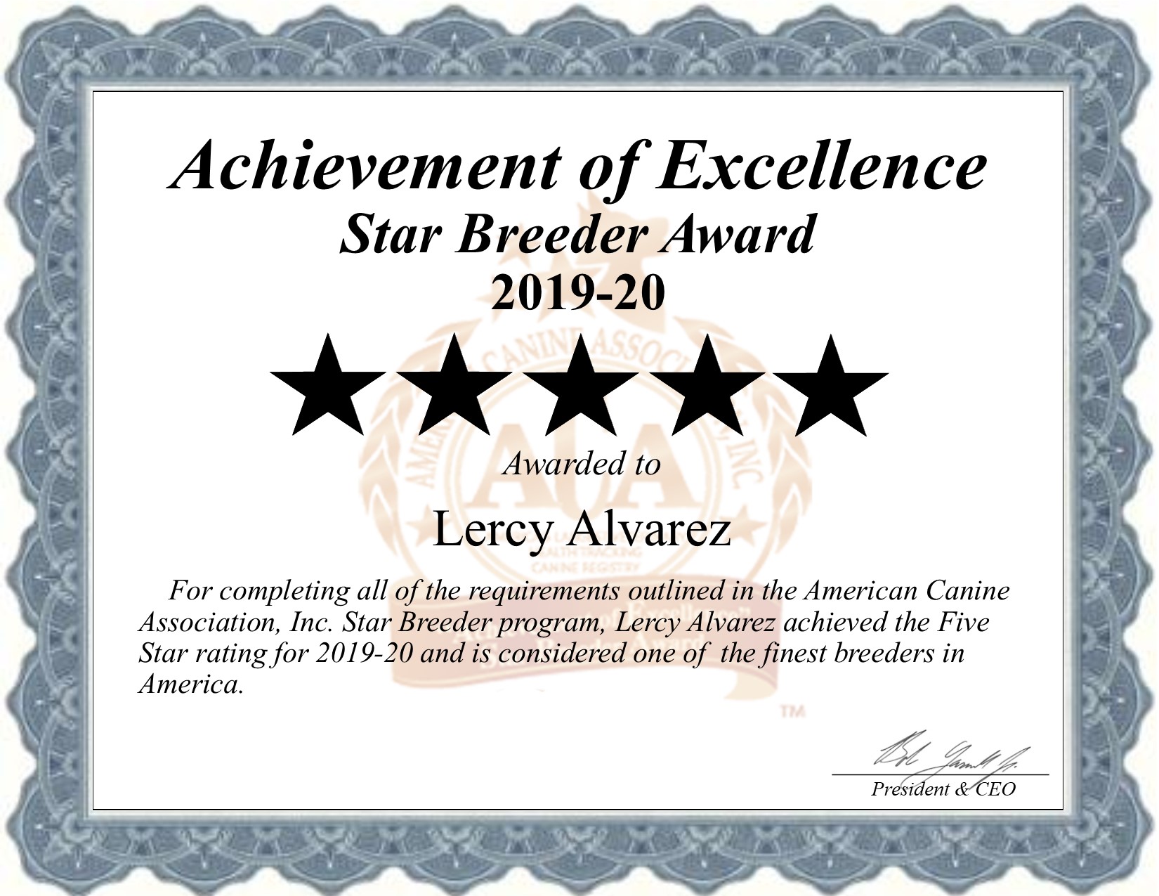 Lercy Alvarez Star Breeder Certificate for 2019-20